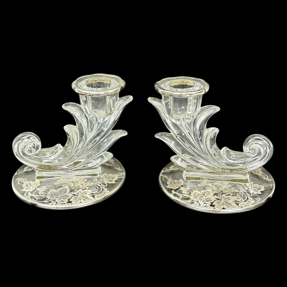 Fostoria Clear Glass Candlestick Set Sterling‎ Silver Overlay Baroque Grapes Ivy